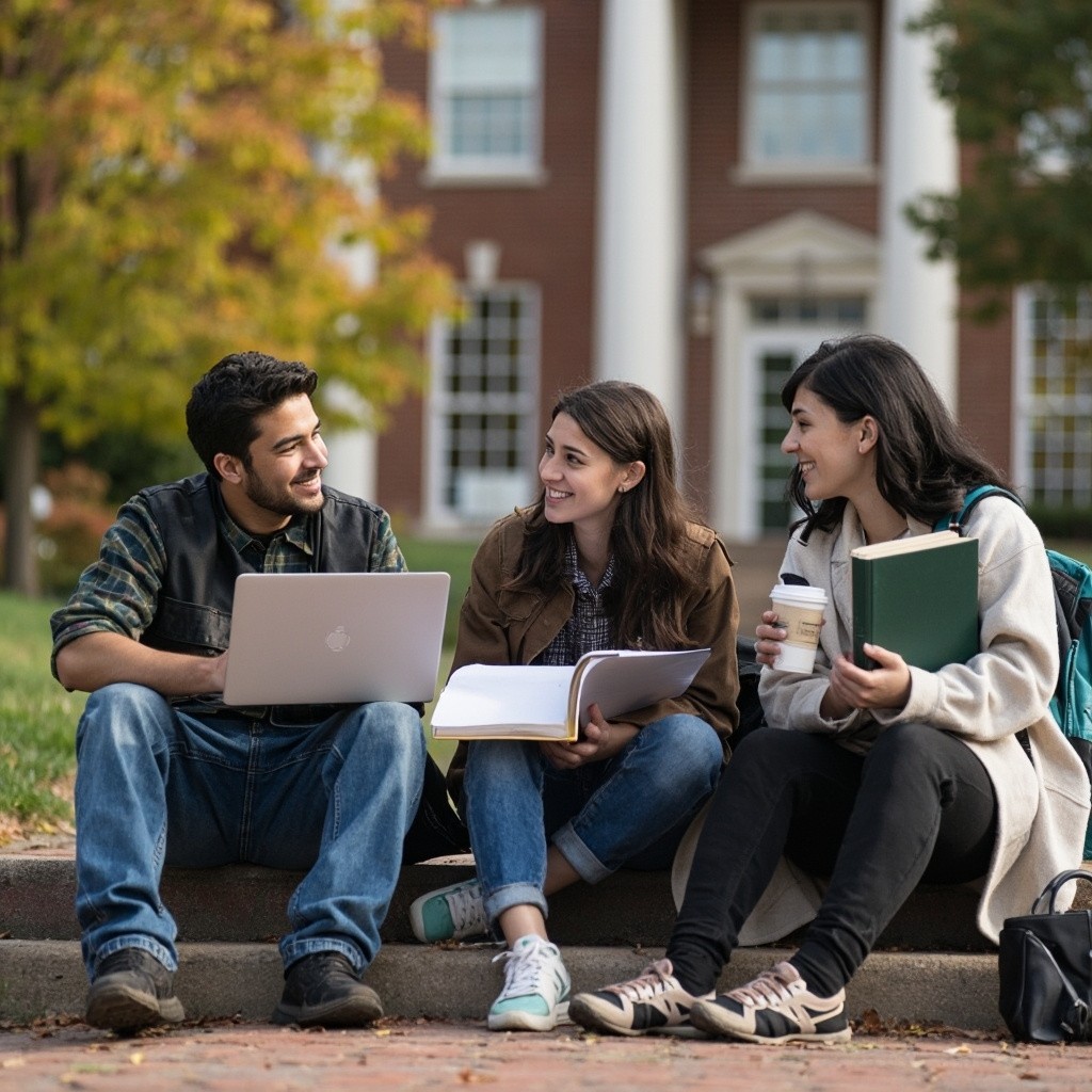 College Students Discussing Ideas on Campus Steps
