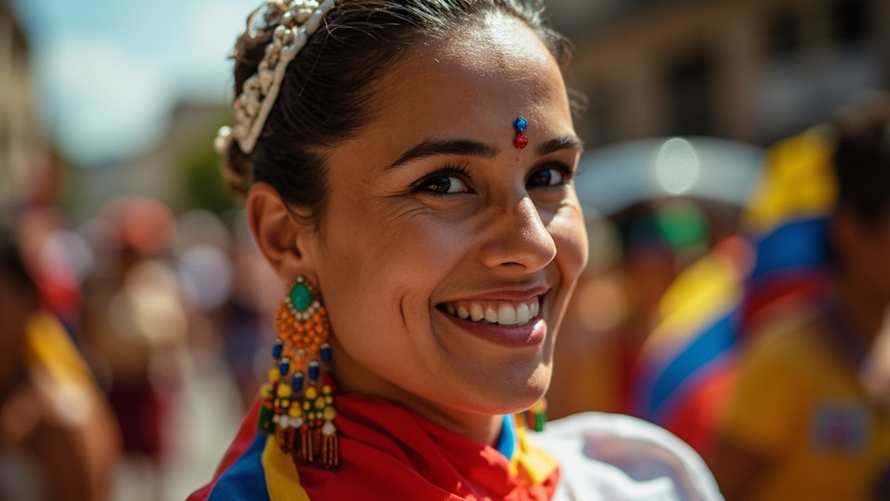 Colombian Woman Dancing in Traditional Dress at Parade