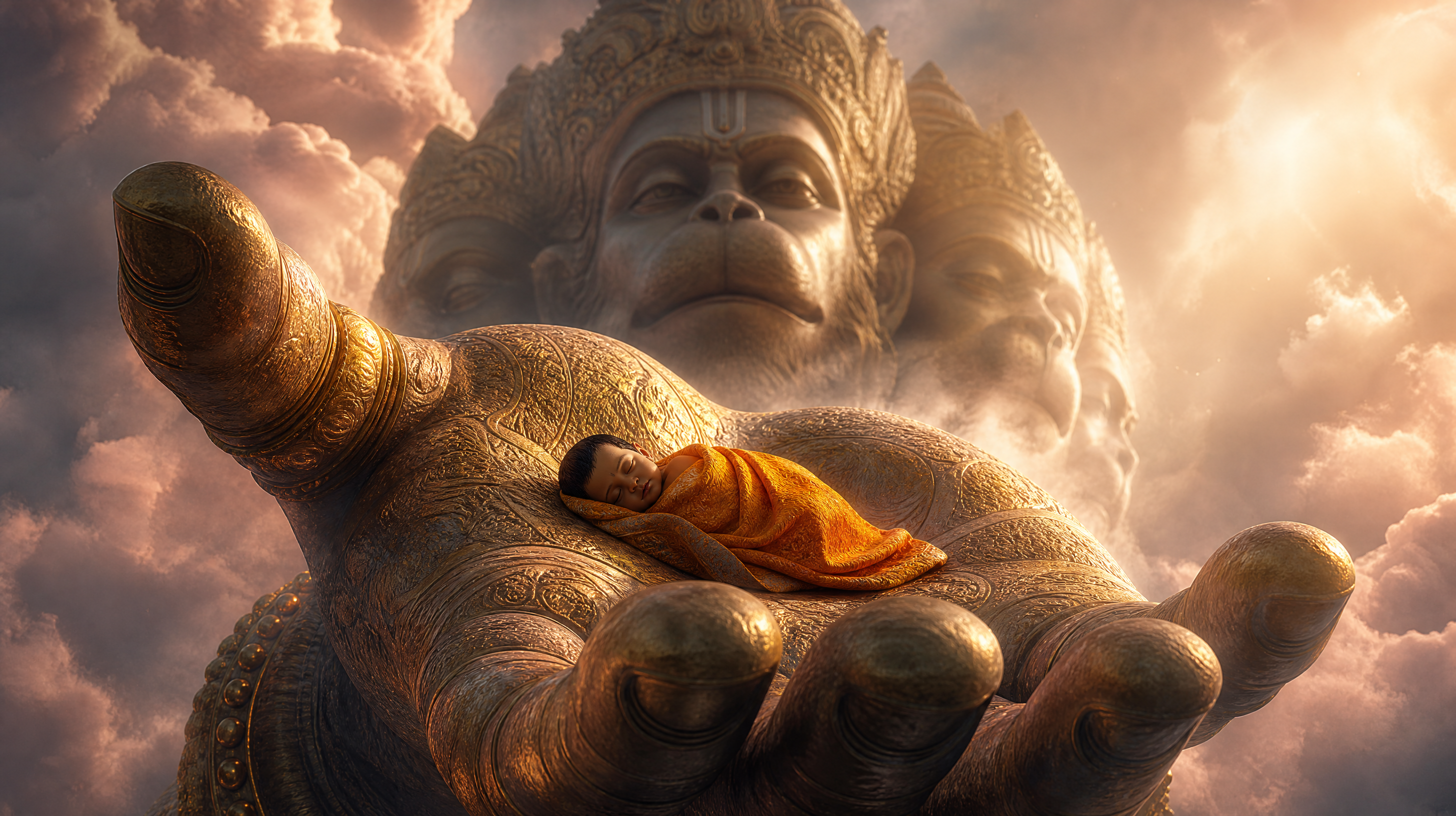 A cinematic scene with a colossal divine hand holding a sleeping baby. A cinematic scene with a colossal divine hand holding a sleeping baby.