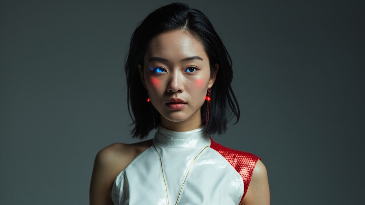 Confident Asian Woman on Futuristic Vogue Cover