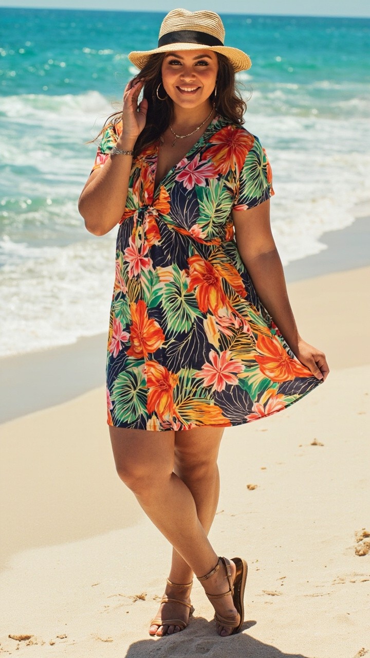 Confident Plus-Size Model on Beach in Summer Wear