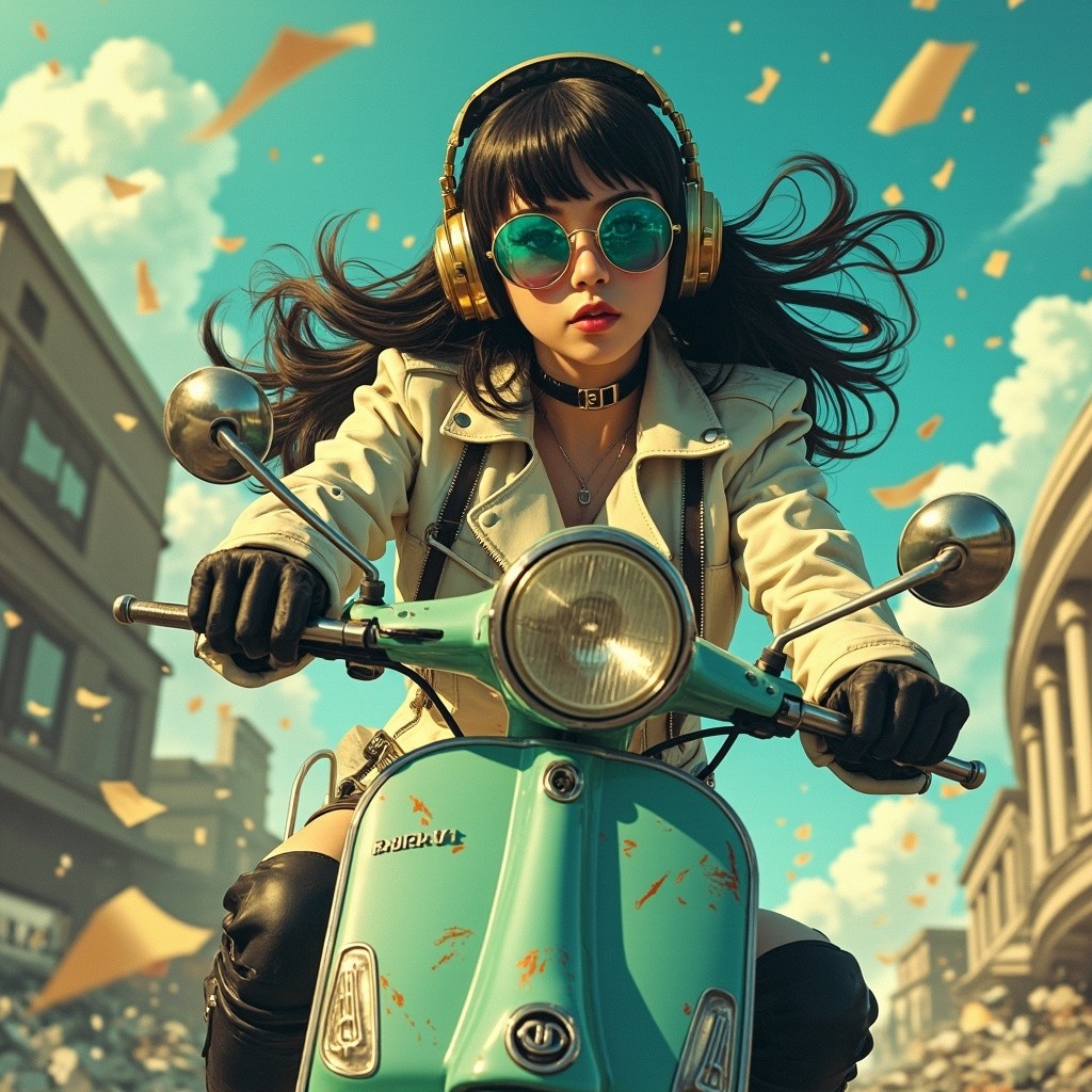 Confident Woman Riding Scooter in Post-Apocalyptic City