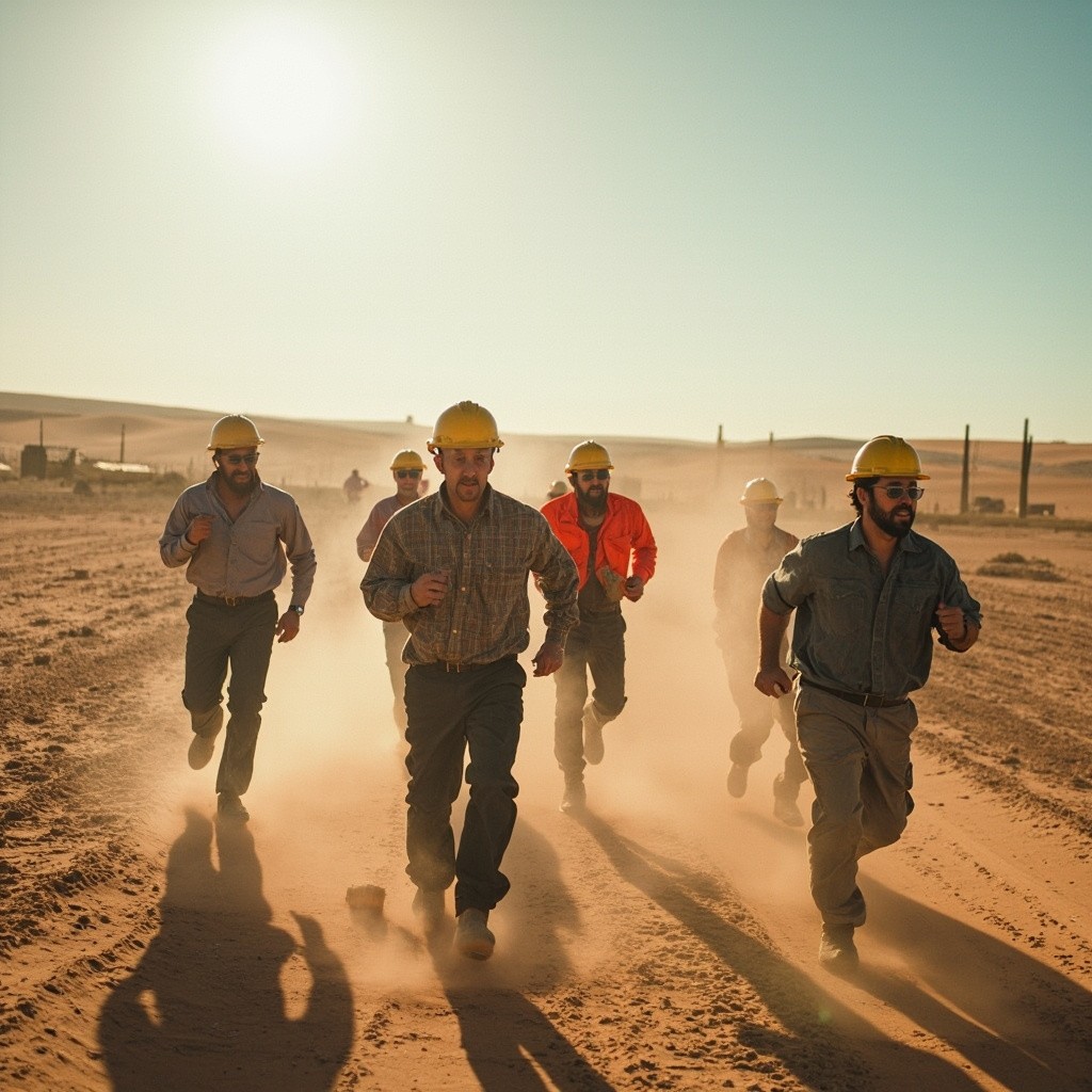 Construction Workers Running in the Desert