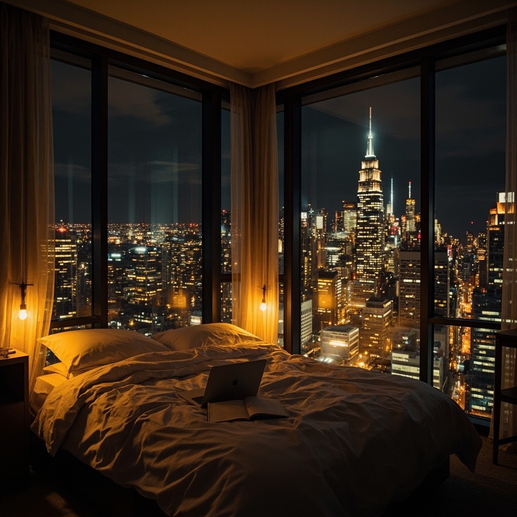 Cosy Bedroom Overlooking Vibrant New York Skyline