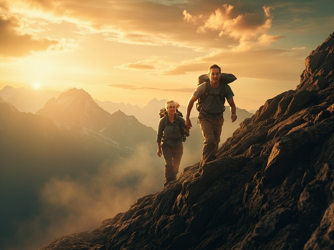 Couple's Inspiring Mountain Hike in Golden Afternoon