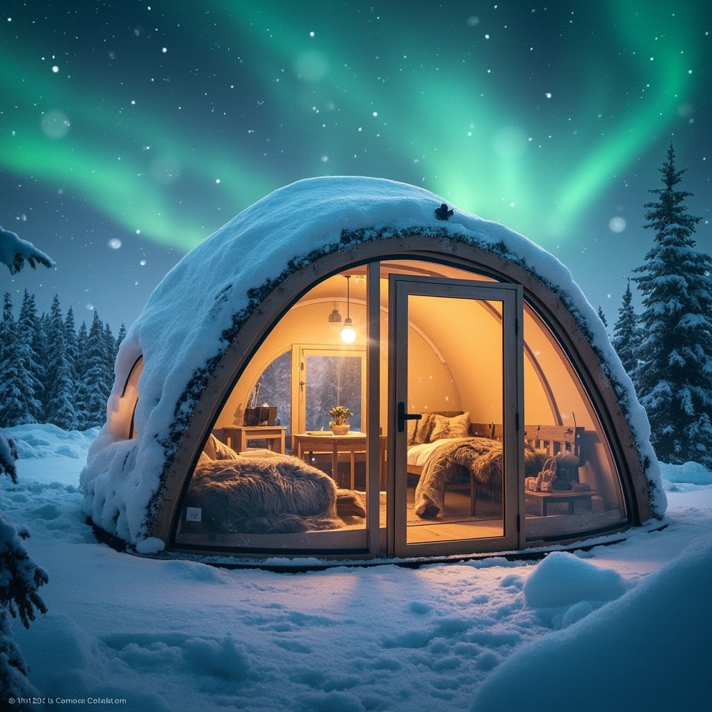 Cozy Igloo: Glimpse of Northern Lights from Inside