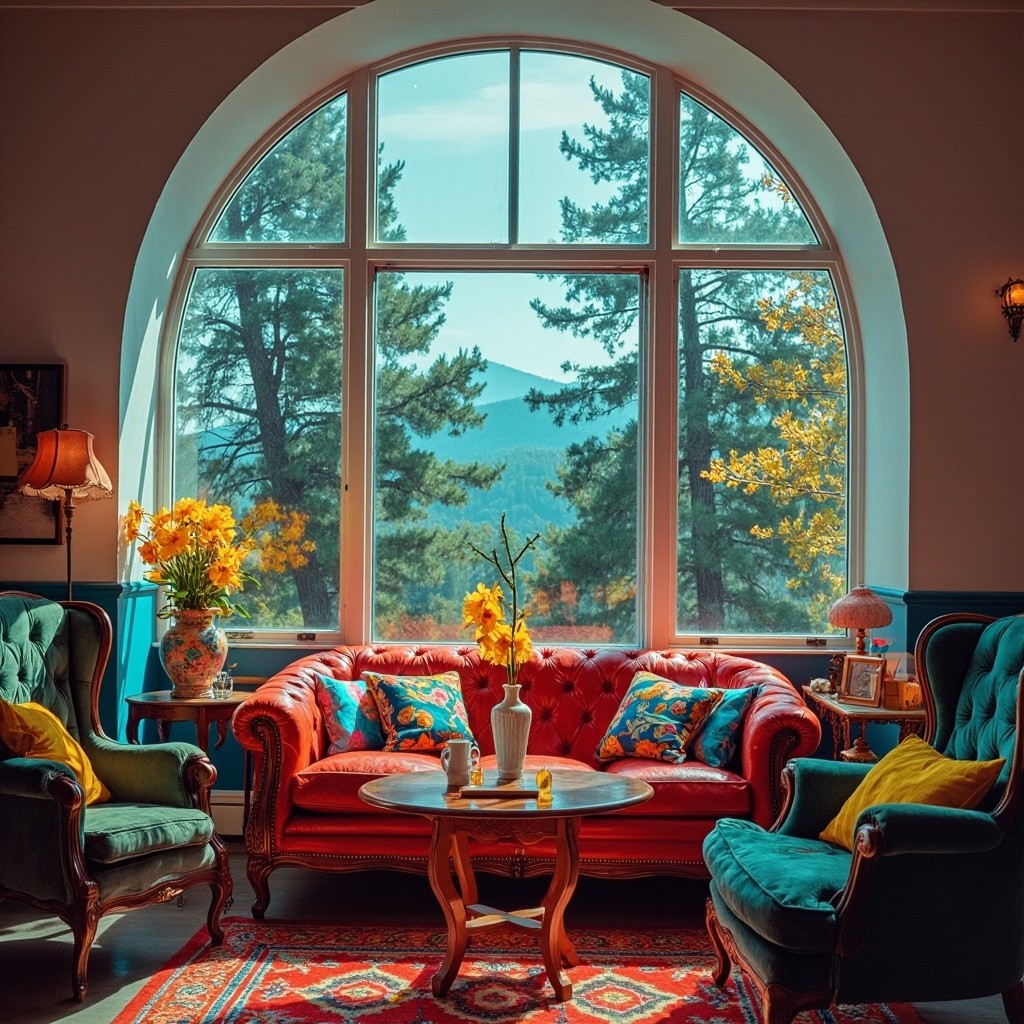 Cozy Living Room Overlooking a Pine Forest