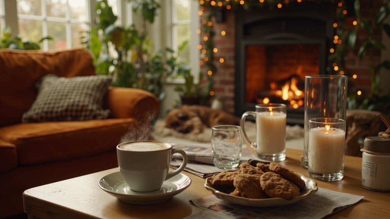 Cozy Living Room with Dog, Coffee, and Fireplace