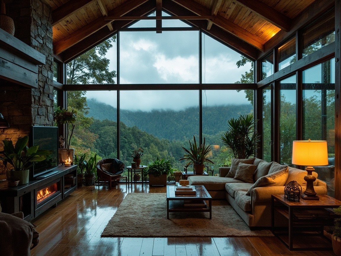 Cozy Loft Living Room with Mountain View at Evening