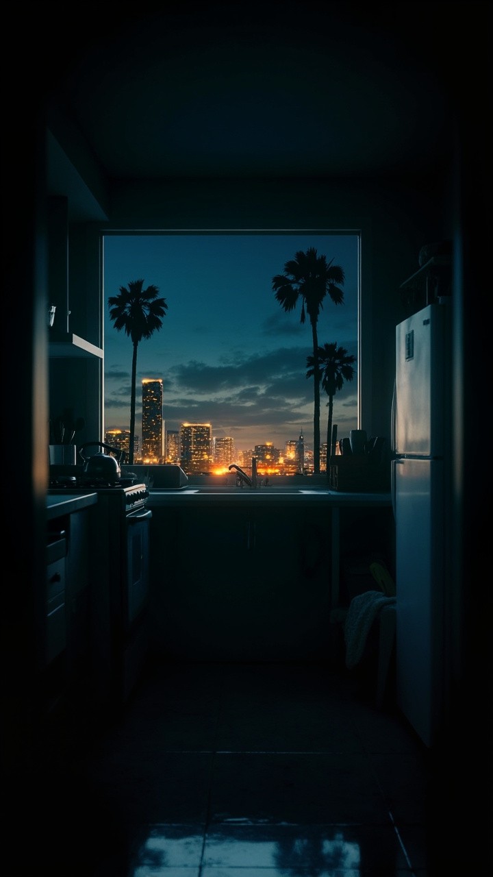 Cozy Solitude: Kitchen Overlooking Illuminated Cityscape