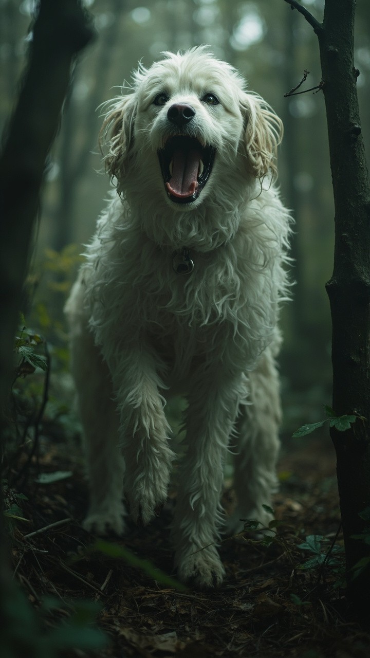 Creepy White Lady and Dog in the Forest