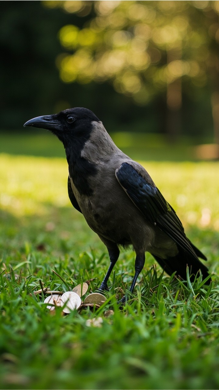 Crow Collecting Coins in a Grass Park