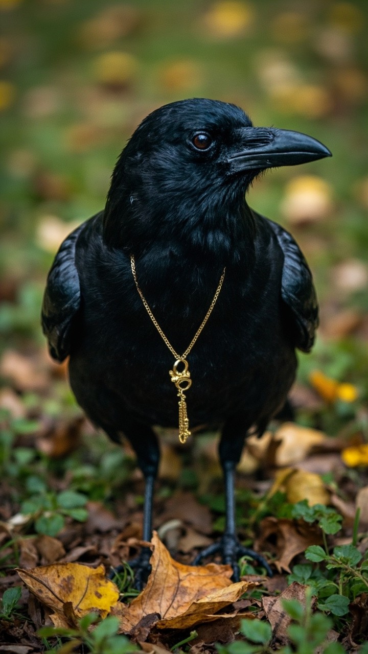 Crow Picking Up a Golden Necklace in Park