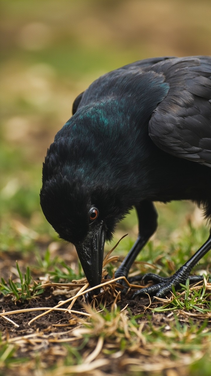Crow Using Dry Branch to Search Underground Hole