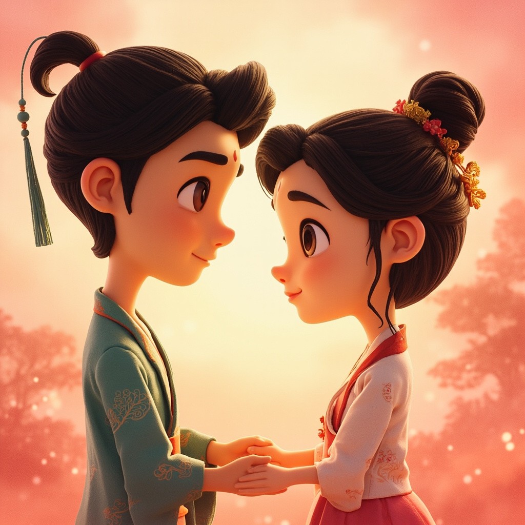 Cute Cartoon Lovers Under Golden Hour, Watercolor Style