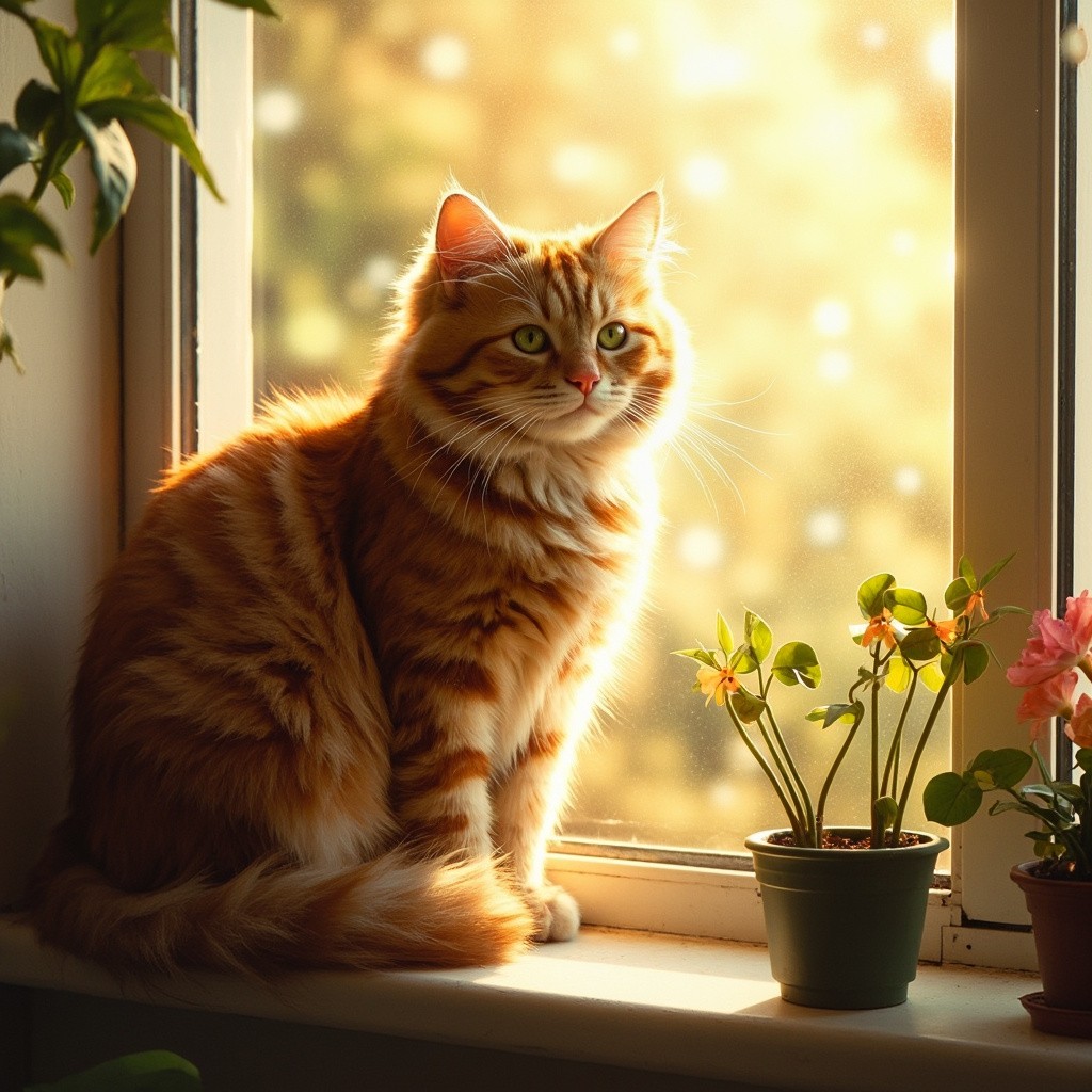 Cute Fluffy Orange Cat on Sunlit Windowsill