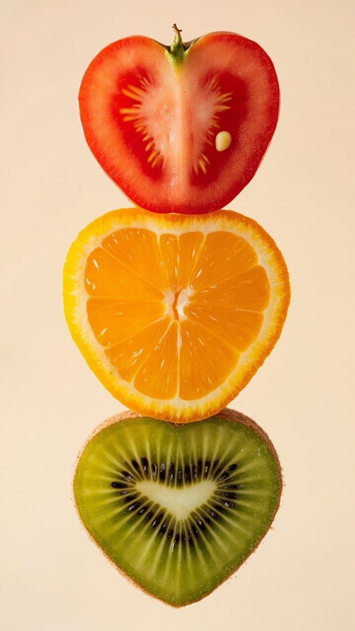 Cute Heart-Shaped Tomato, Orange and Kiwi Together