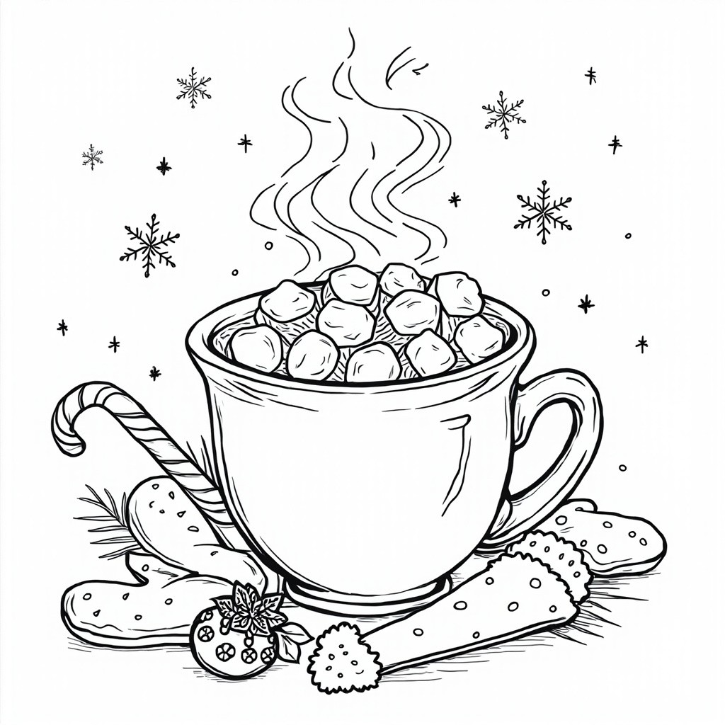 Cute Hot Cocoa Coloring Page with Winter Elements