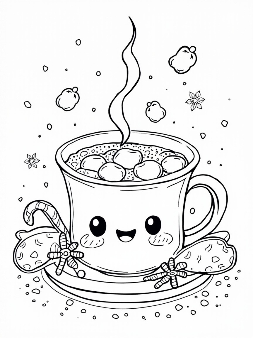 Cute Hot Cocoa Coloring Page with Winter Elements