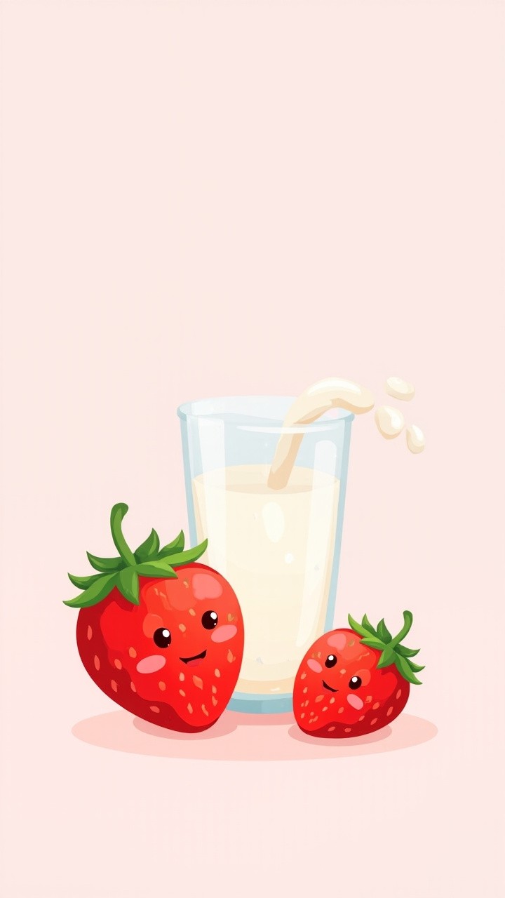 Cute Strawberries and Milk Cartoon on Pink Background