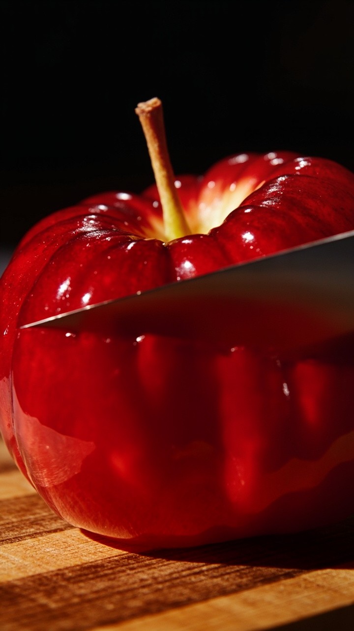 Cutting a Ruby-Red Gelatin Apple on Wooden Base