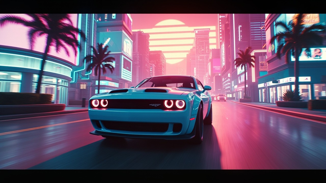 Cyan Dodge Challenger Roaming Neon-Drenched Futuristic Miami