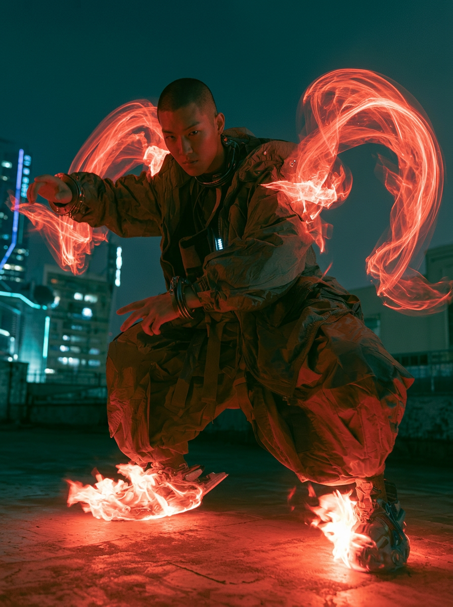 Futuristic Cyber-Fashion Action Portrait with Luminous Energy Streams Futuristic Cyber-Fashion Action Portrait with Luminous Energy Streams