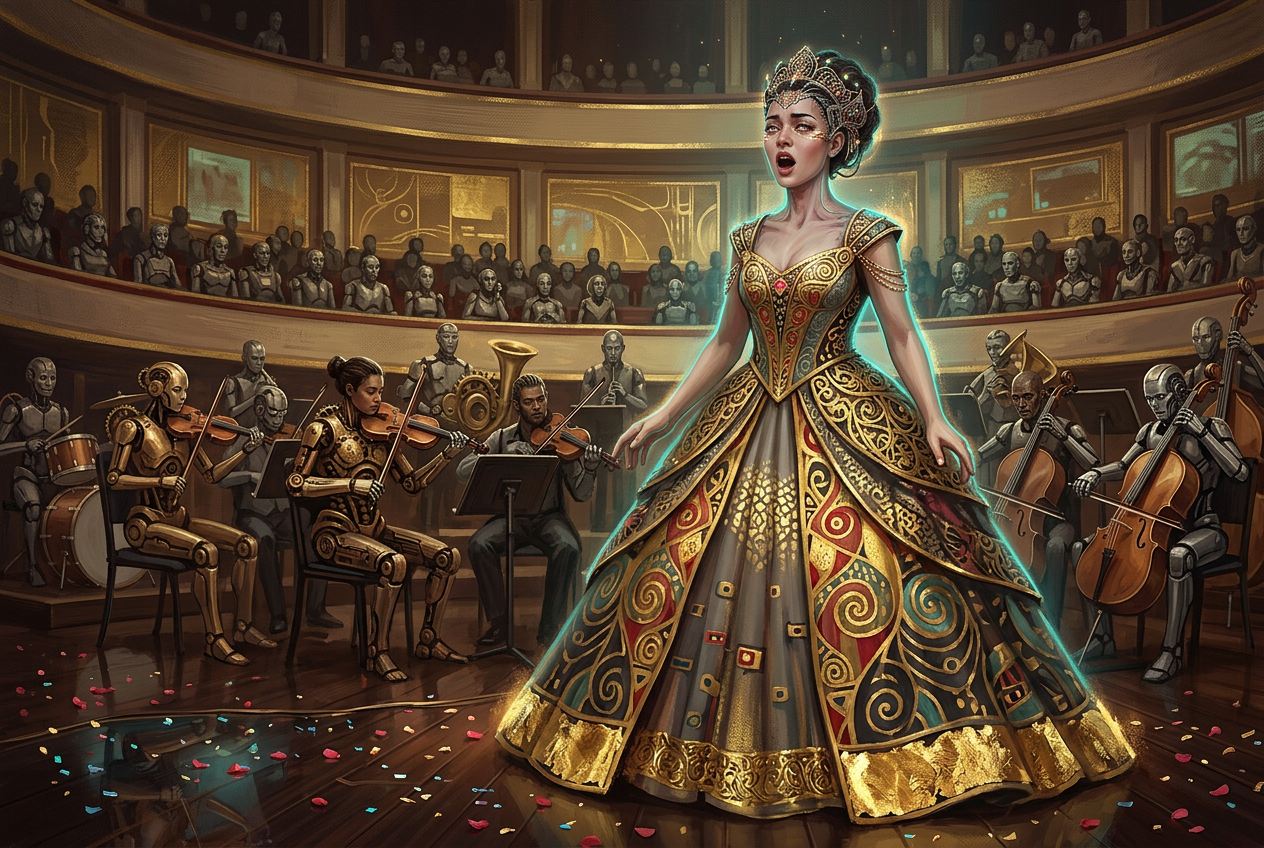 Neo-Baroque Cyber-Opera Soprano Portrait with Gilded Circuitry & Ornate Details Neo-Baroque Cyber-Opera Soprano Portrait with Gilded Circuitry & Ornate Details