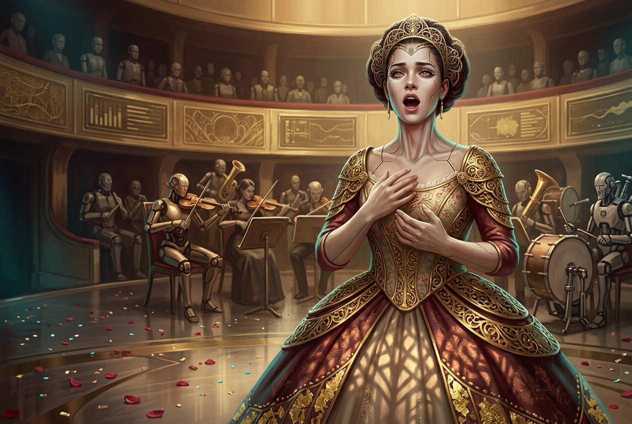 Neo-Baroque Cyber-Opera Soprano Portrait with Gilded Circuitry & Ornate Details Neo-Baroque Cyber-Opera Soprano Portrait with Gilded Circuitry & Ornate Details