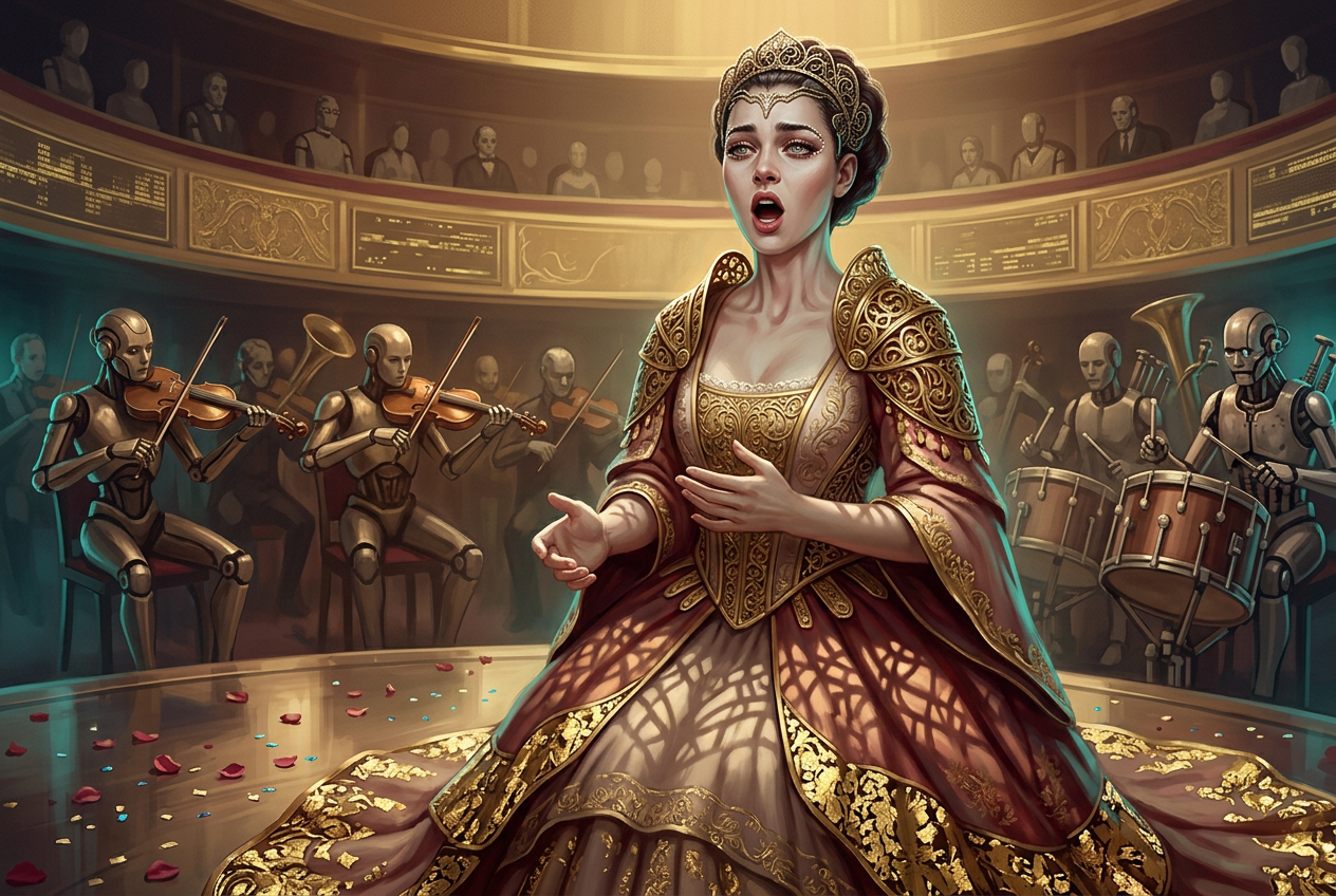 Neo-Baroque Cyber-Opera Soprano Portrait with Gilded Circuitry & Ornate Details Neo-Baroque Cyber-Opera Soprano Portrait with Gilded Circuitry & Ornate Details