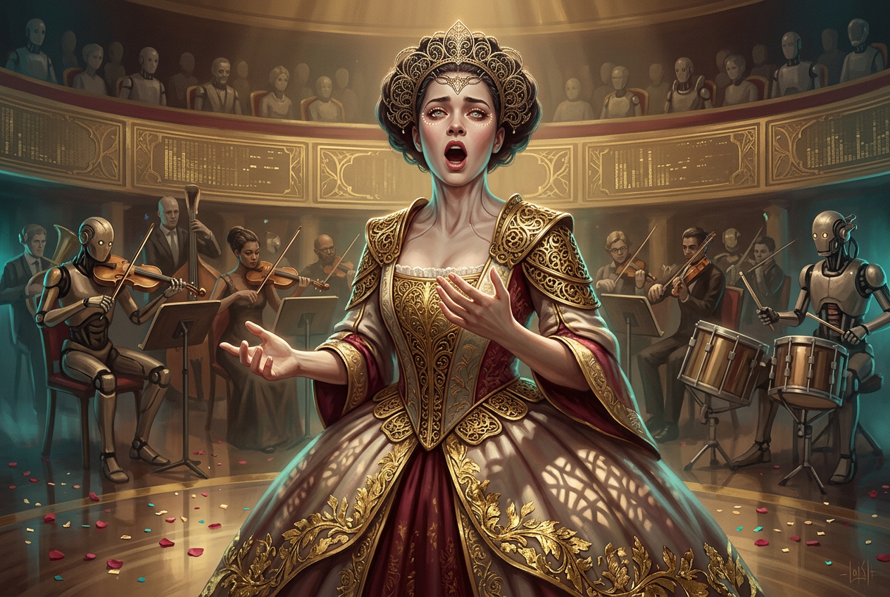 Neo-Baroque Cyber-Opera Soprano Portrait with Gilded Circuitry & Ornate Details Neo-Baroque Cyber-Opera Soprano Portrait with Gilded Circuitry & Ornate Details