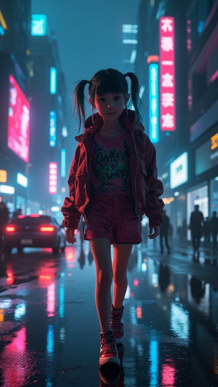 Cyberpunk Girl Strolling in Rainy, Neon-Lit City