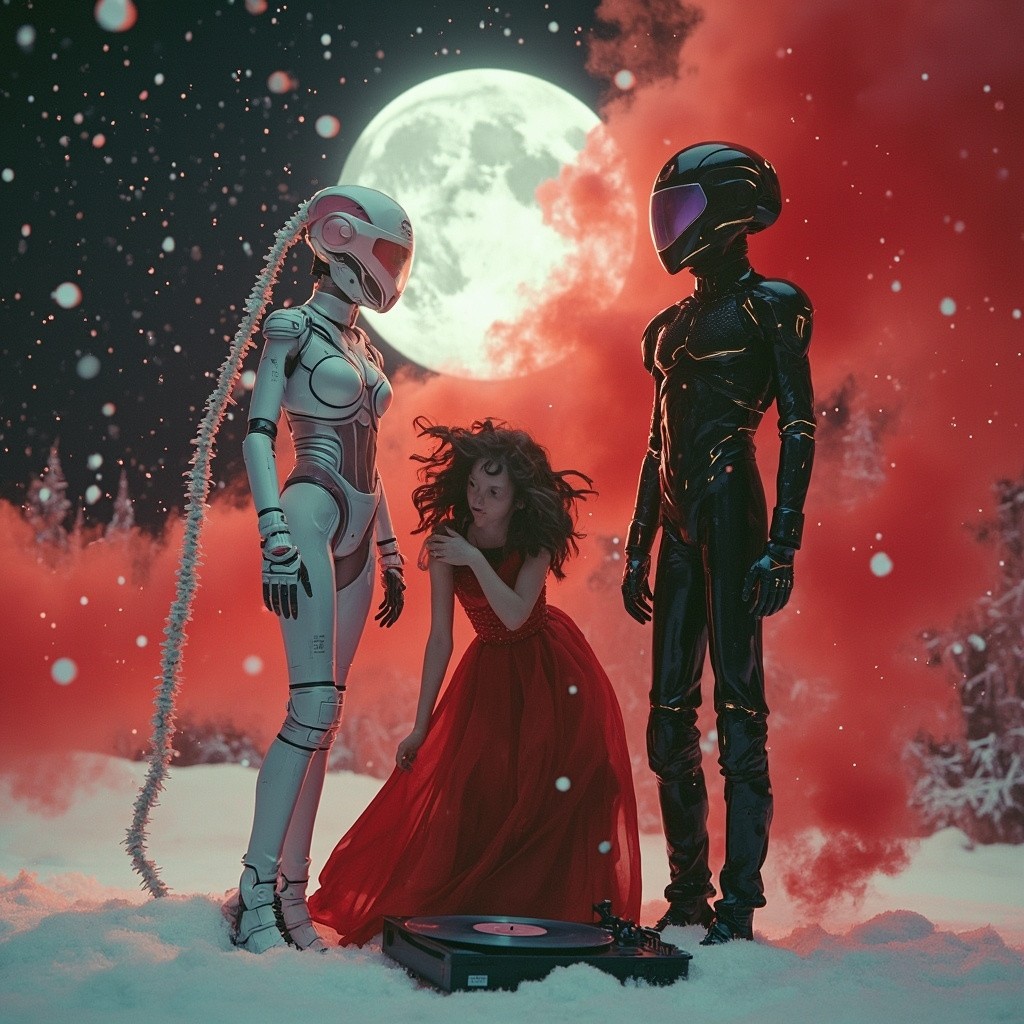 Cyborgs, Girl and Moonlit Dance in Crimson Snow