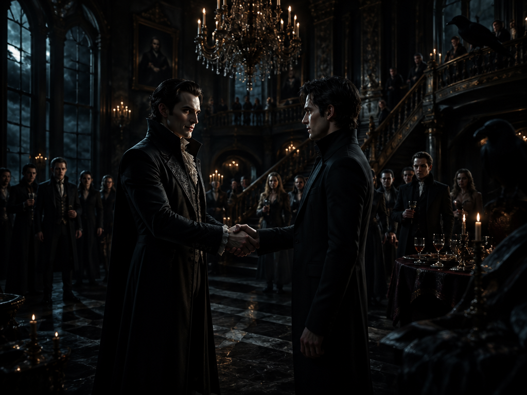 A dark and atmospheric scene inside a gothic mansion during a secret vampire gathering with dramatic lighting and rich details. A dark and atmospheric scene inside a gothic mansion during a secret vampire gathering with dramatic lighting and rich details.
