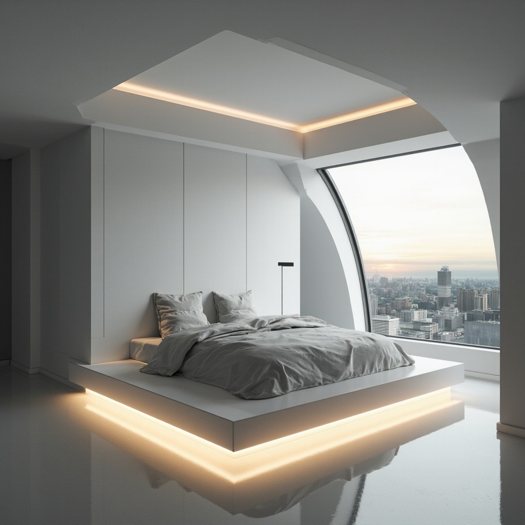 Dawn in a Futuristic Monochrome Bedroom with City View