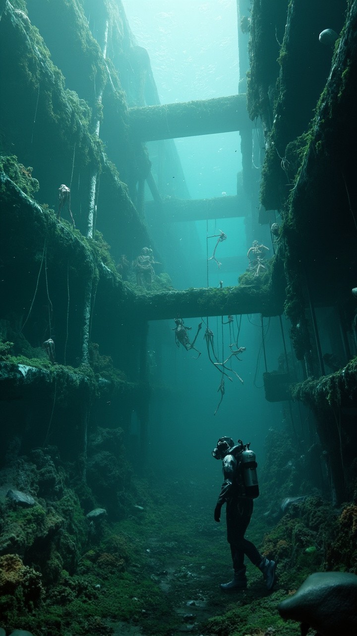 Diver Exploring a Sunken, Coral-Covered City
