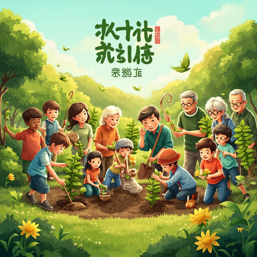 Diverse Community Planting Trees in Sunny Outdoor Setting