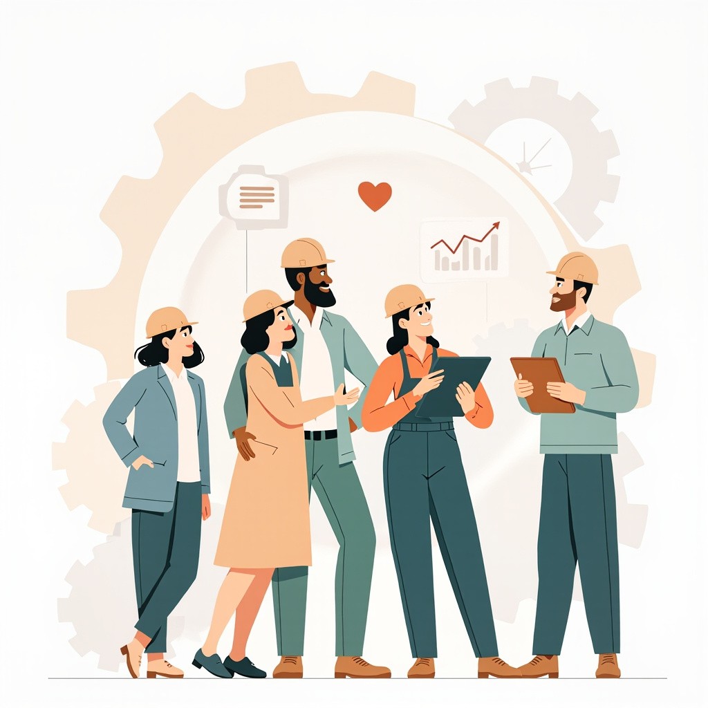 Diverse Industrial Workers with Well-being, Balance, Growth Icons