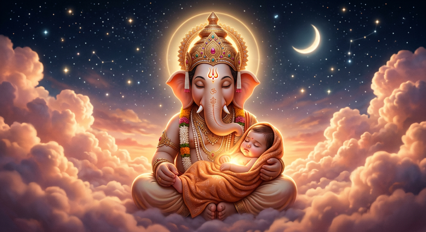 Realistic divine composition of Lord Ganesha blessing a baby. Realistic divine composition of Lord Ganesha blessing a baby.
