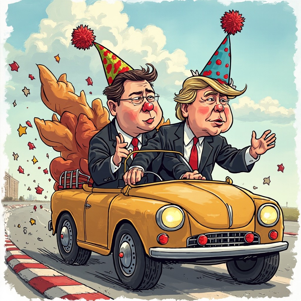 Donald Trump and Elon Musk in Cartoon Clown Car