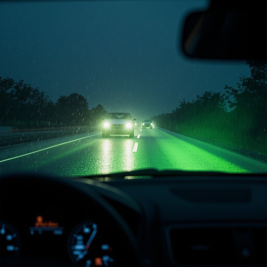 Driver's View of Lit Rainy Road with Fog Lights