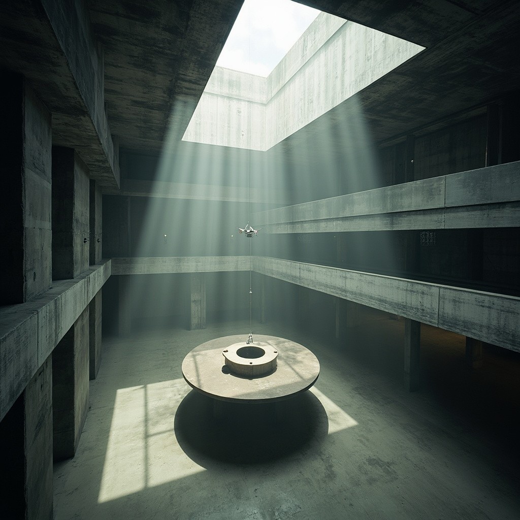 Drone View of Concrete Atrium with Rotating Sculpture