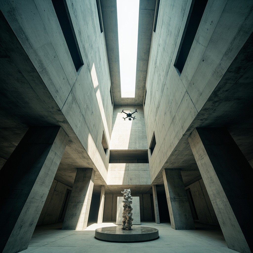 Drone Views Atrium with Dynamic Sculpture and Shadows