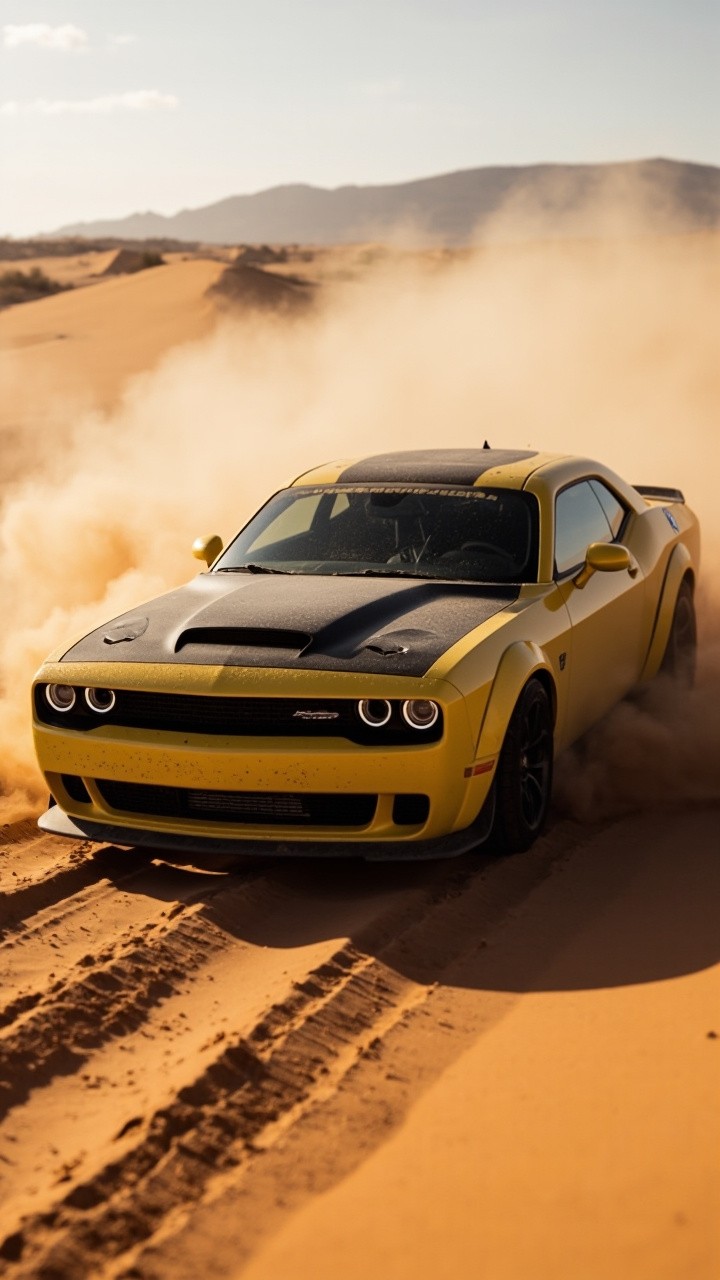 Dusty Dodge Challenger Racing Fast in Desert
