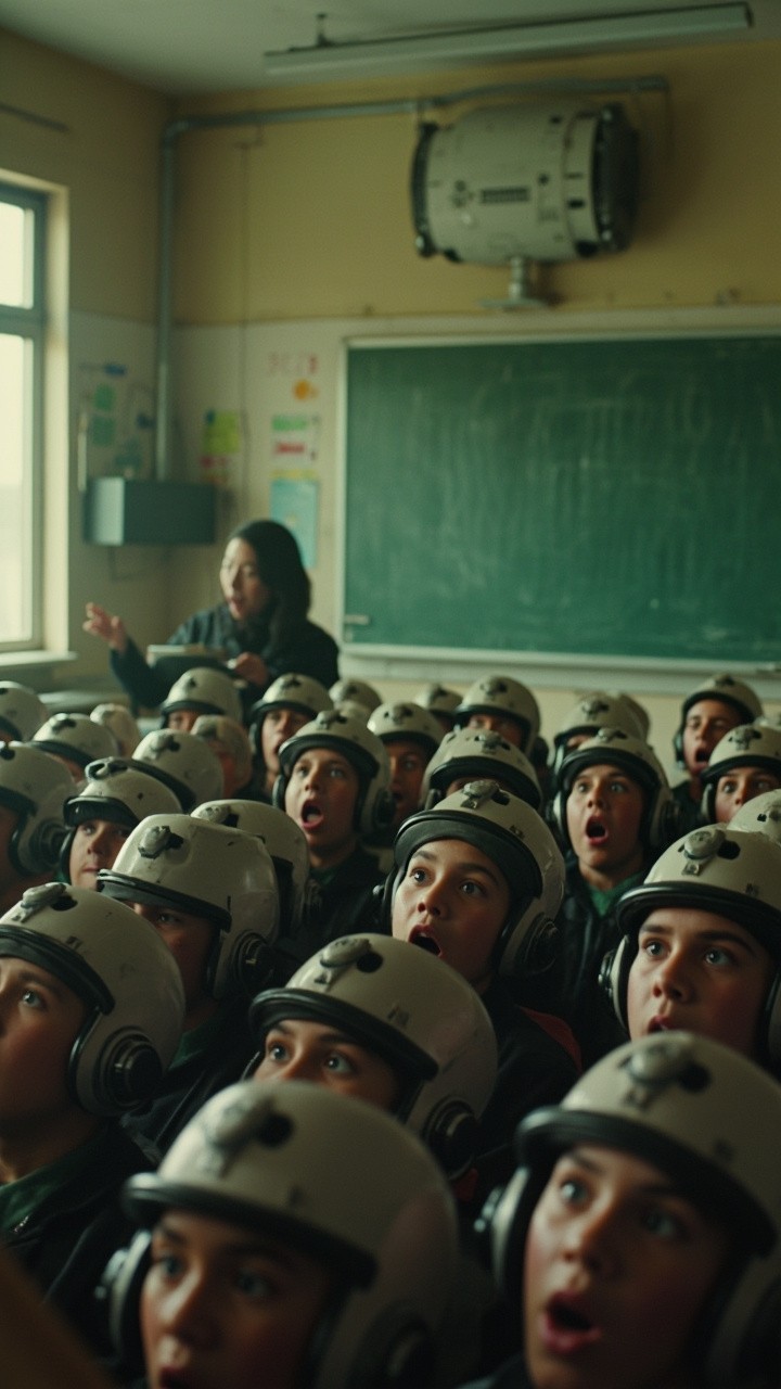 Dystopian Classroom with Emotionless AI Teacher