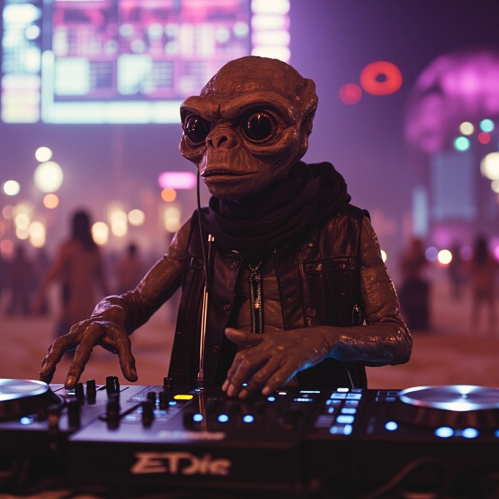 E.T. DJing a Beach Rave in Cyberpunk Outfit