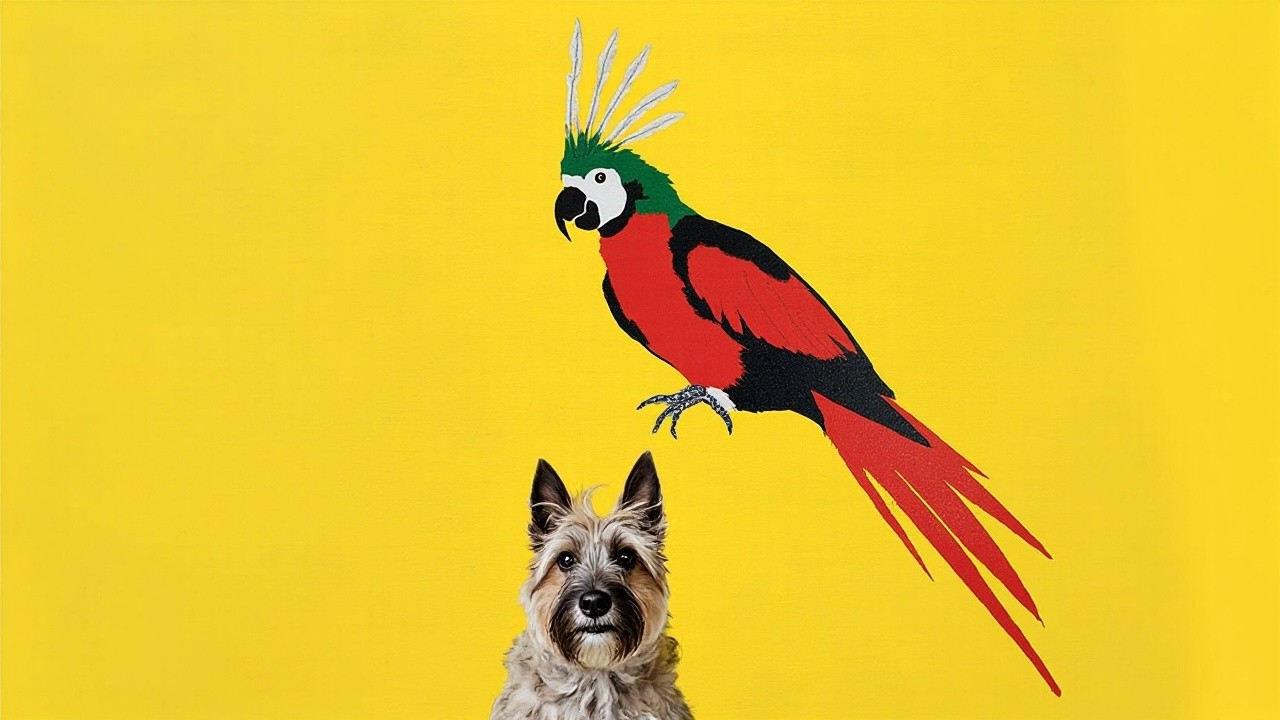 Eclectus Parrot and Scottish Terrier on Yellow Canvas
