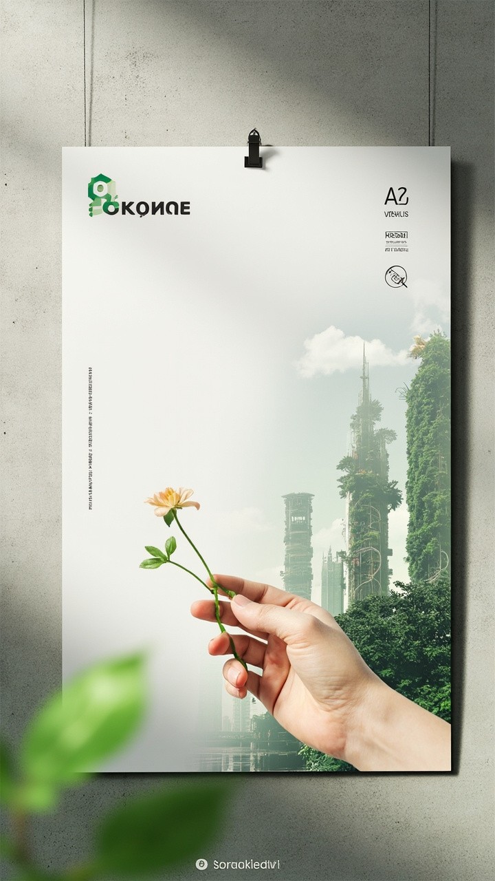 Eco-Tech Future City Poster on Concrete Wall
