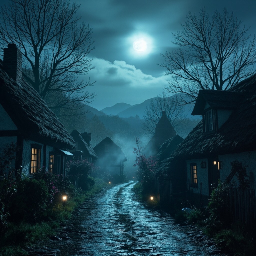 Eerie Foggy Village at Dusk with Full Moon