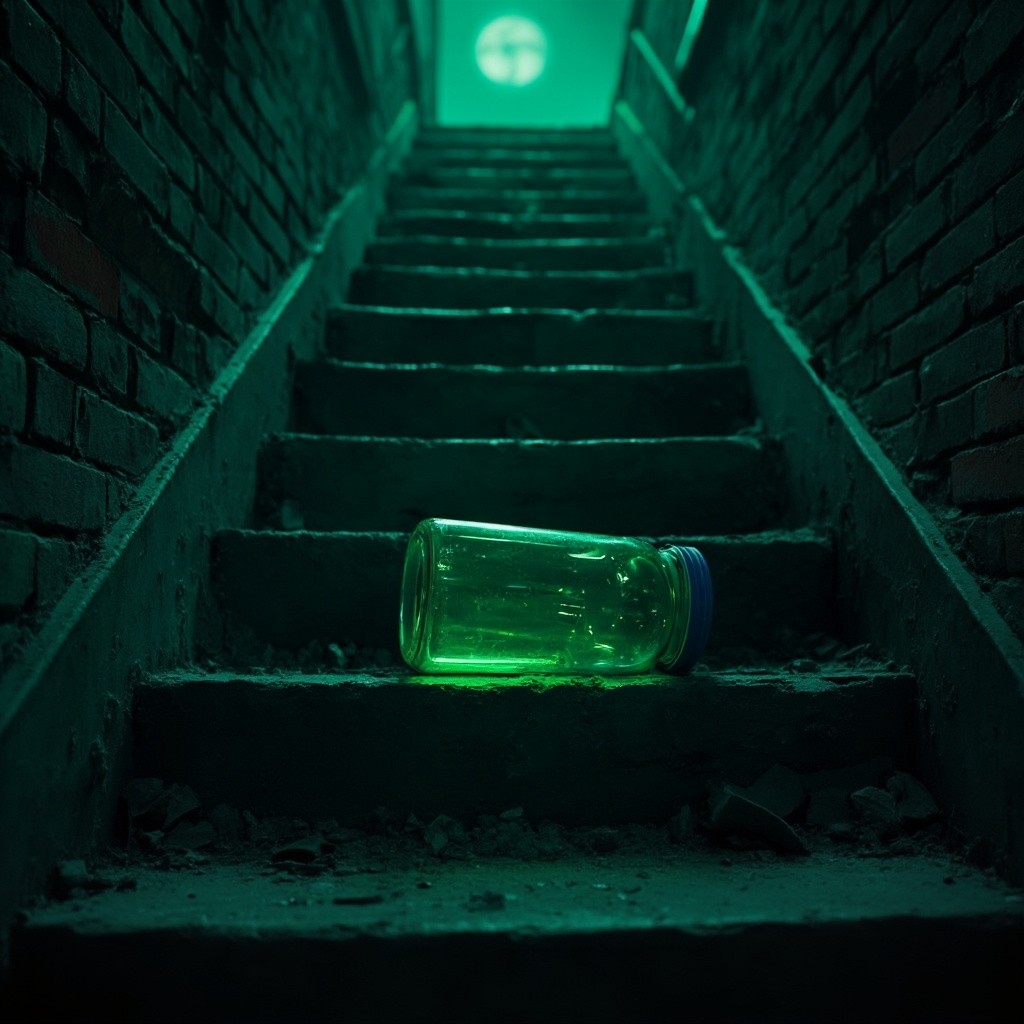 Eerie Glow of Green Jar in Abandoned Building
